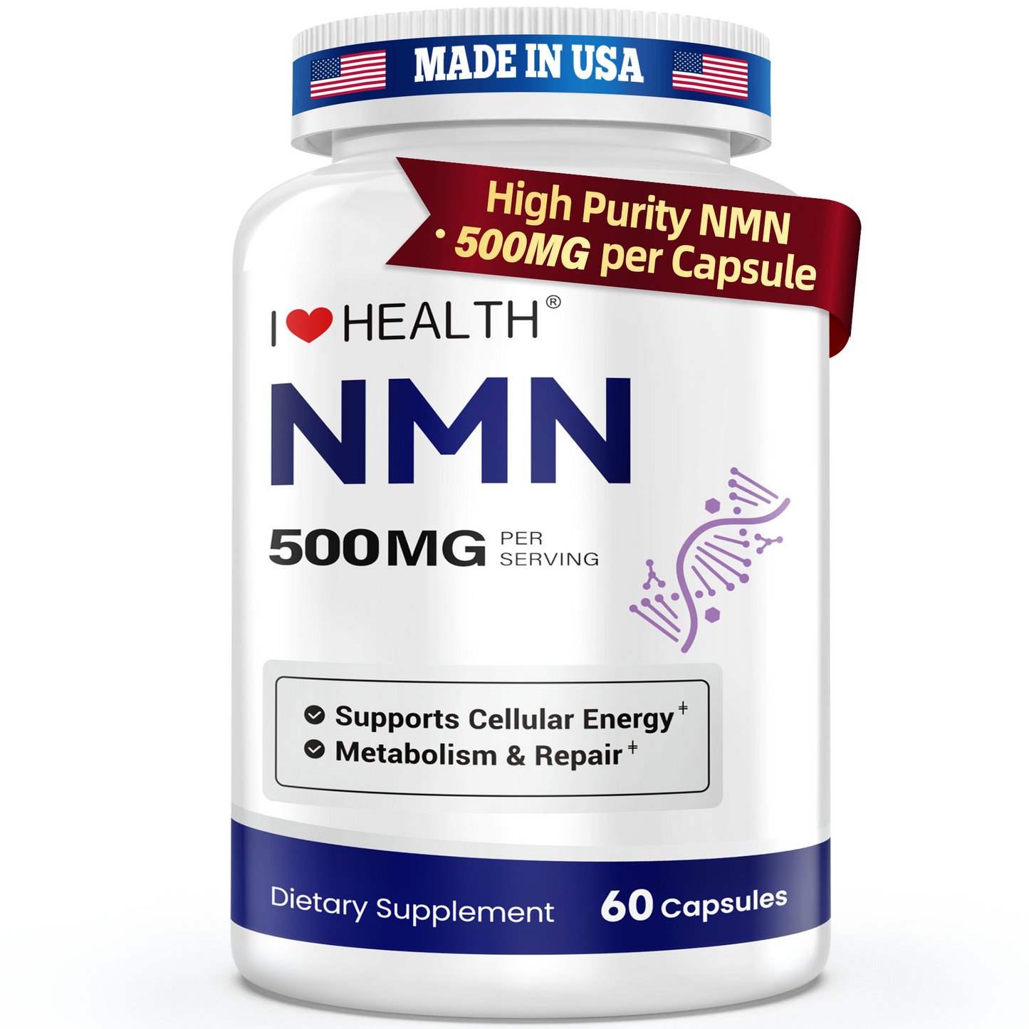 NMN 500mg – 99.9% Pure NMN Supplement for Cellular Energy & Healthy Aging Restoration – 60 Capsules, NSF cGMP, Made in USA
