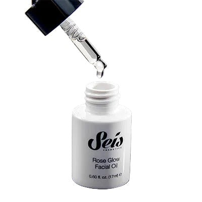 Seis Rose Glow Facial Oil bottle with dropper on a white background