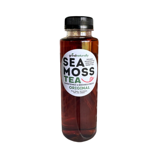 Bottle of sea moss with a white background.