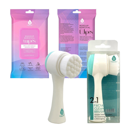 Radiant Beauty Bundle: Dual Sided Facial Cleansing Brush & Makeup Removal Wipes 12 Pack